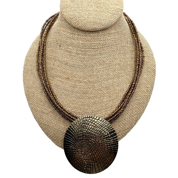 Boho Chic Inspo Mosaic Pattern Pendant Necklace Bronze Seed Beads Textured - Picture 1 of 7